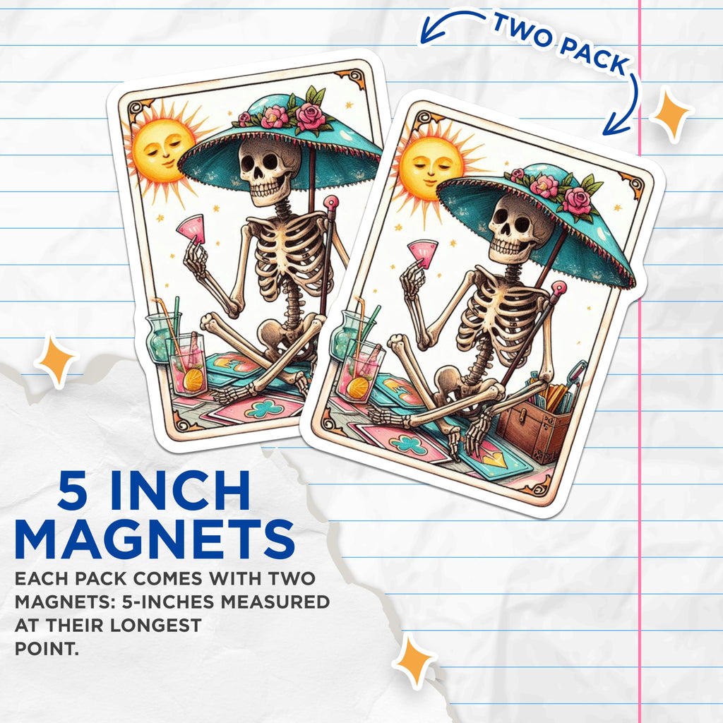 (2 Pack) Whimsical Skeleton Magnets - Day of Dead Skull Art - Summer Vibes Fridge Locker Decor - 5 Inches On Longest Side - Thick Durable Magnet - Made in USA - MAG20364