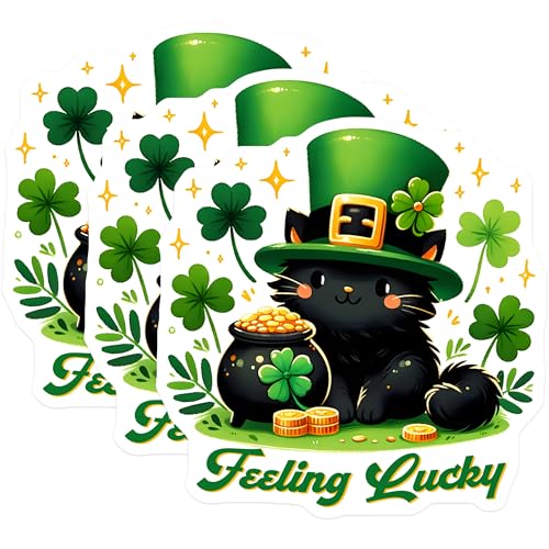 (3 Pack) St Patricks Day Decals - Lucky Cat Sticker - Irish Stickers - 3 Inches On Longest Side - Easy Peel & Apply - Made in USA - 3MCS6870