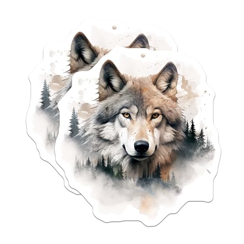 (2 Pack) Wolf Art Stickers - Wildlife Wolf Decals - Nature Animal Stickers - 5" On Longest Side - Sticks to Smooth Flat Surfaces - Made in USA - BMCS3804