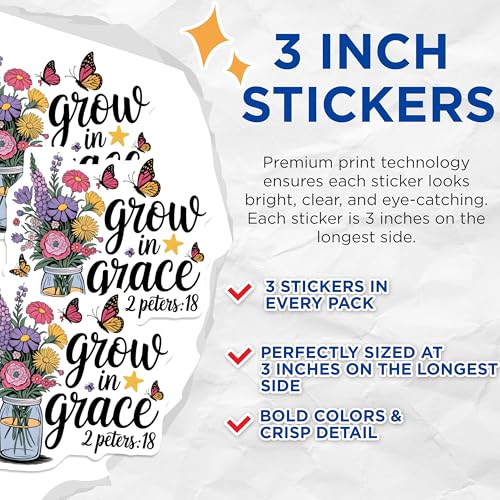 (3 Pack) Grow in Grace Decals - Butterfly Flowers Bouquet - Christian Verse Decal- 3 Inches On Longest Side - Easy Peel & Apply - Made in USA - 3MCS5490