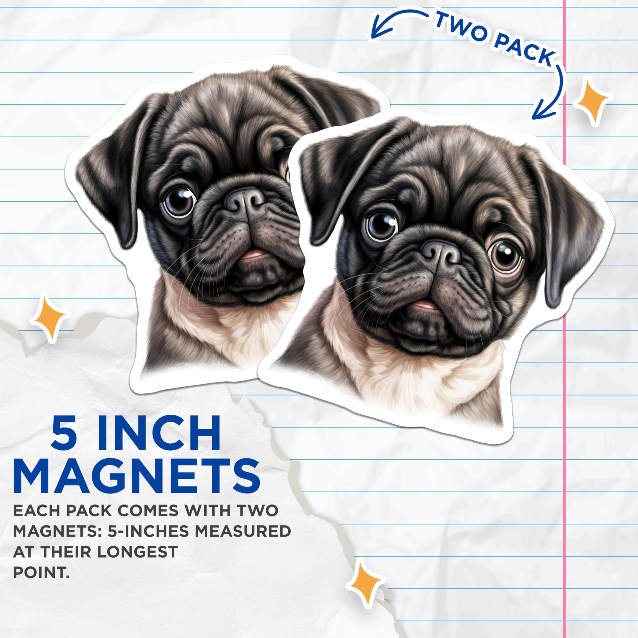 (2 Pack) Black Pug Puppy Magnets - Cute Dog Lover Pet Parent Accessory - Animal Art Fridge Decor - 5 Inches On Longest Side - Thick Durable Magnet - Made in USA - MAG28793