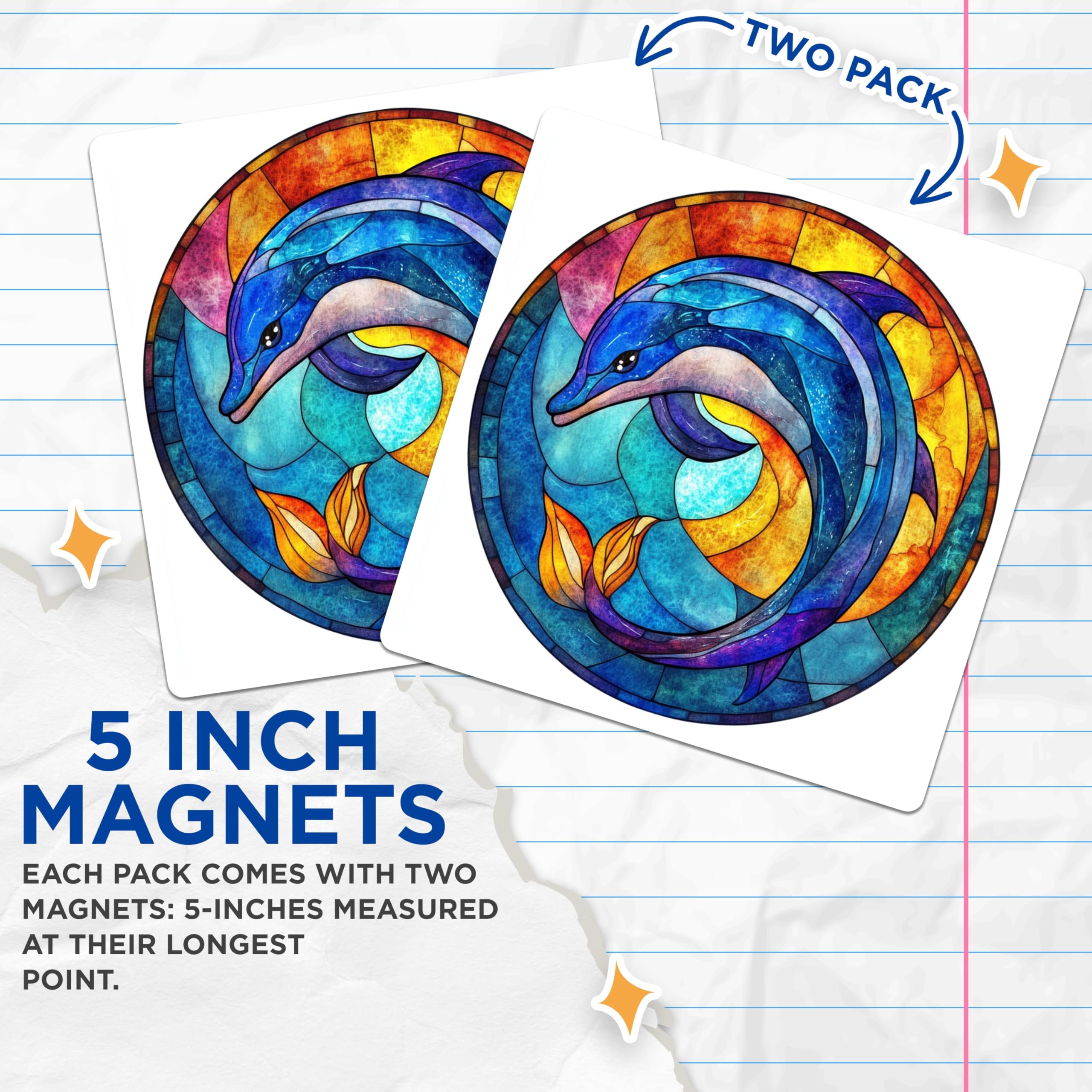 (2 Pack) Stained Glass Dolphin Magnets - Ocean Animal Decor - Spiritual Art Fridge Accent - 5 Inches On Longest Side - Thick Durable Magnet - Made in USA - MAG28078