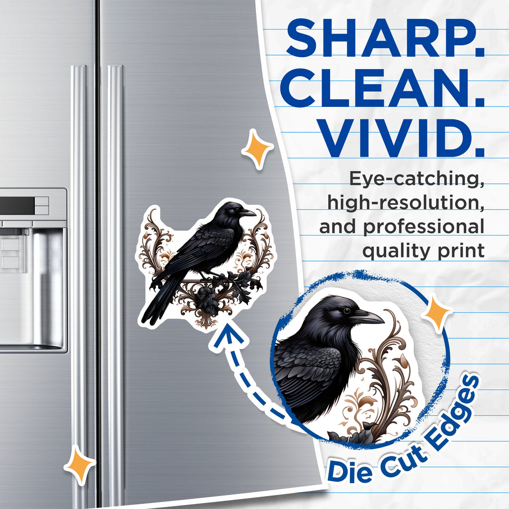 (2 Pack) Dark Academia Crow Magnets - Gothic Raven Kitchen Decor - Victorian Aesthetic Art - Witchy Fridge Accessory - 5 Inches On Longest Side - Thick Durable Magnet - Made in USA - MAG37613