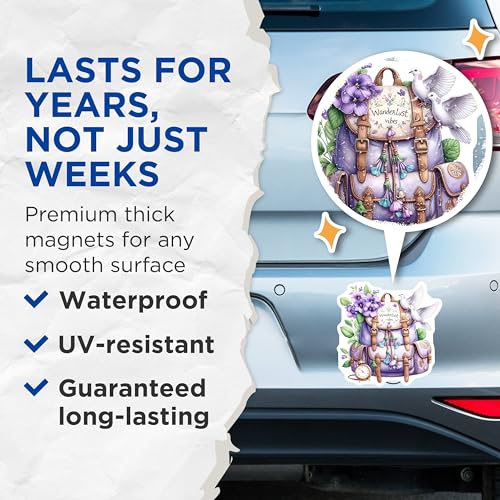 (2 Pack) Wanderlust Vibes Magnets Magnets - Violet Backpack Art - Travel Decor for Adventurers - 5" On Longest Side - Made in USA - Sticks to Refrigerators & Metal Surfaces - MAG8852