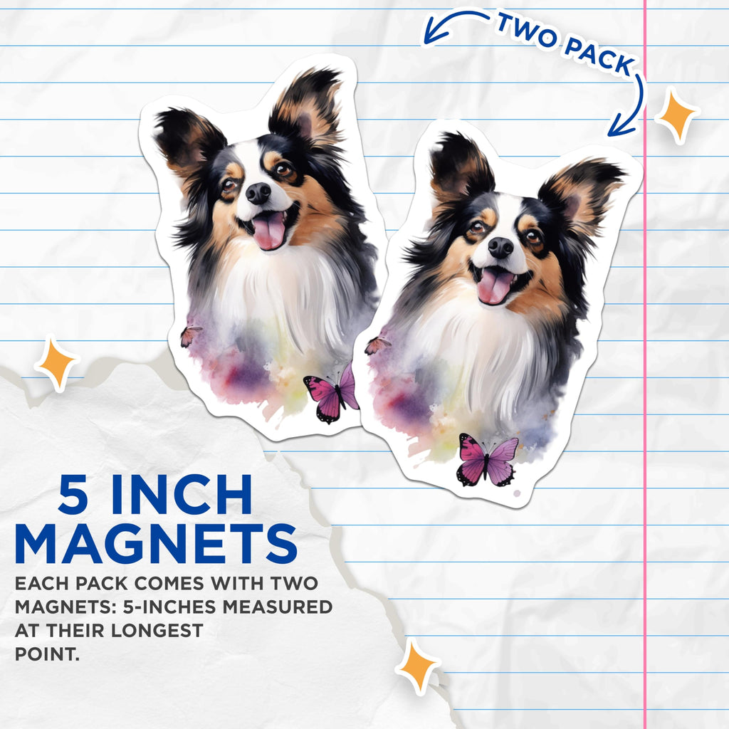 (2 Pack) Papillon Dog Magnets - Happy Watercolor Pet Art - Dog Lover Fridge Decor - 5 Inches On Longest Side - Thick Durable Magnet - Made in USA - MAG28348