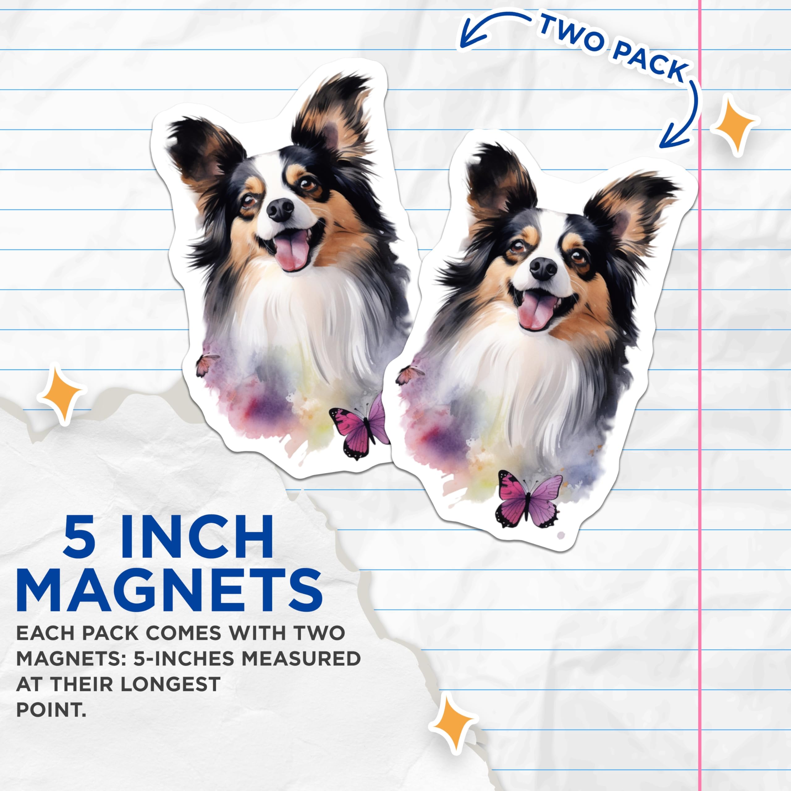 (2 Pack) Papillon Dog Magnets - Happy Watercolor Pet Art - Dog Lover Fridge Decor - 5 Inches On Longest Side - Thick Durable Magnet - Made in USA - MAG28348