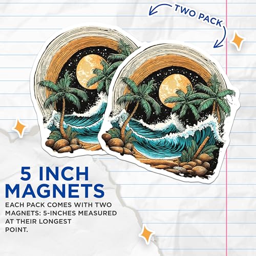 (2 Pack) Beach Sunset Magnets Magnets - Tropical Palm Trees - Ocean Wave Scene - 5" On Longest Side - Made in USA - Sticks to Refrigerators & Metal Surfaces - MAG9262