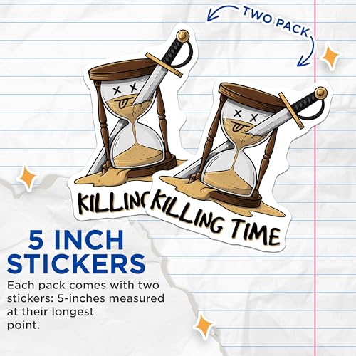 (2 Pack) Killing Time Stickers - Funny Hourglass - Unique Sarcastic Swords Design - 5" On Longest Side - Sticks to Smooth Flat Surfaces - Made in USA - BMCS7629