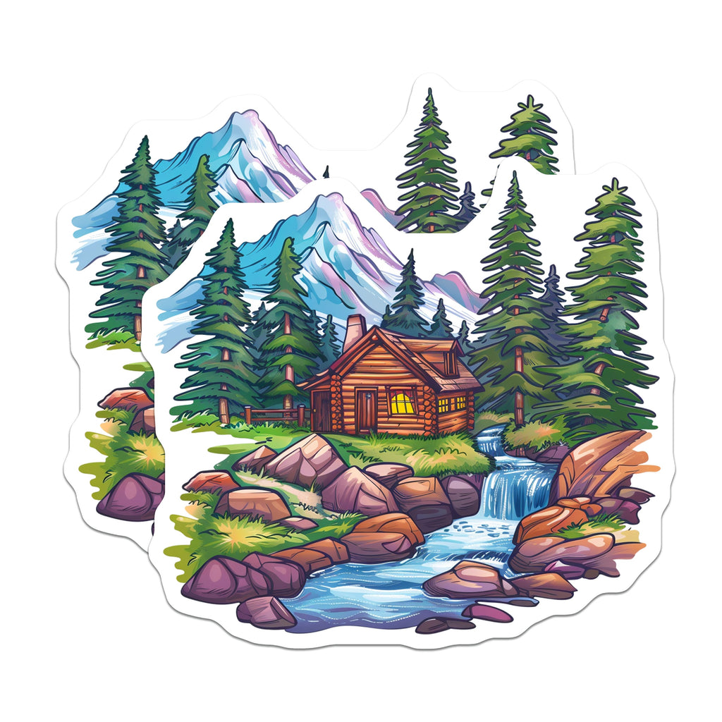 (2 Pack) Mountain Cabin Magnets - Rustic Forest Landscape Art - Serene Waterfall Vista - Outdoors Adventure Decor - 5 Inches On Longest Side - Thick Durable Magnet - Made in USA - MAG37423