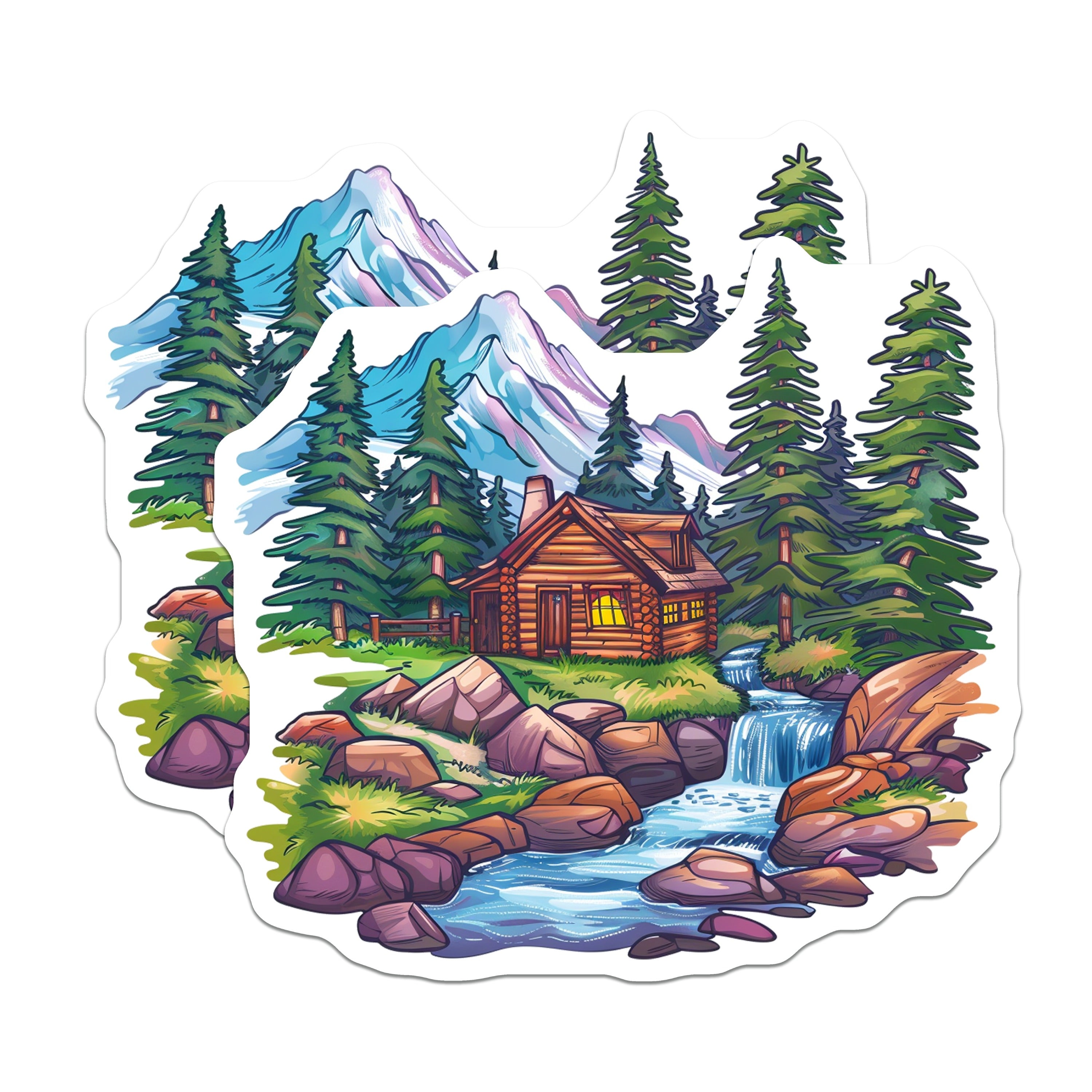 (2 Pack) Mountain Cabin Magnets - Rustic Forest Landscape Art - Serene Waterfall Vista - Outdoors Adventure Decor - 5 Inches On Longest Side - Thick Durable Magnet - Made in USA - MAG37423