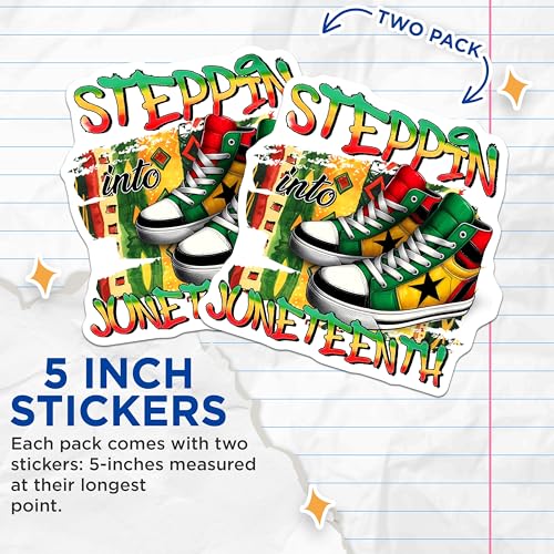 (2 Pack) Juneteenth Steppin Stickers - Juneteenth Sneakers - Cultural Celebration - 5" On Longest Side - Sticks to Smooth Flat Surfaces - Made in USA - BMCS7843