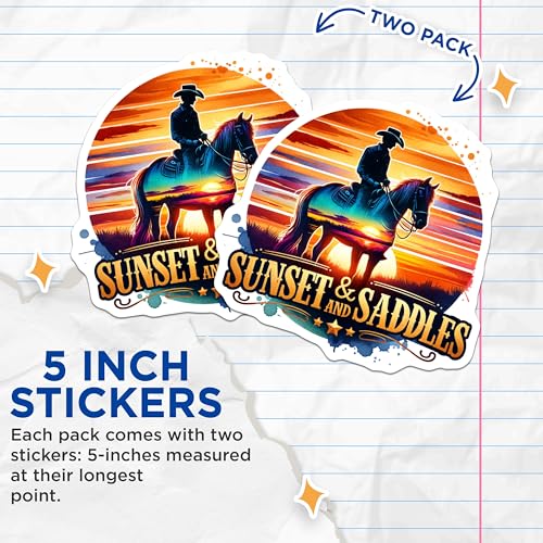 (2 Pack) Cowboy Riding Horse Stickers - Sunset Horseback Riding Scene - Western Cowboy Art Stickers - 5" On Longest Side - Sticks to Smooth Flat Surfaces - Made in USA - BMCS6997