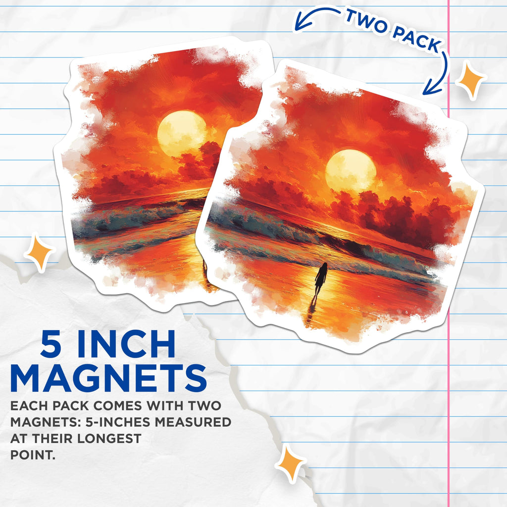 (2 Pack) Sunset Beach Magnets - Ocean Horizon Scene - Coastal Aesthetic Decor - 5 Inches On Longest Side - Thick Durable Magnet - Made in USA - MAG27661