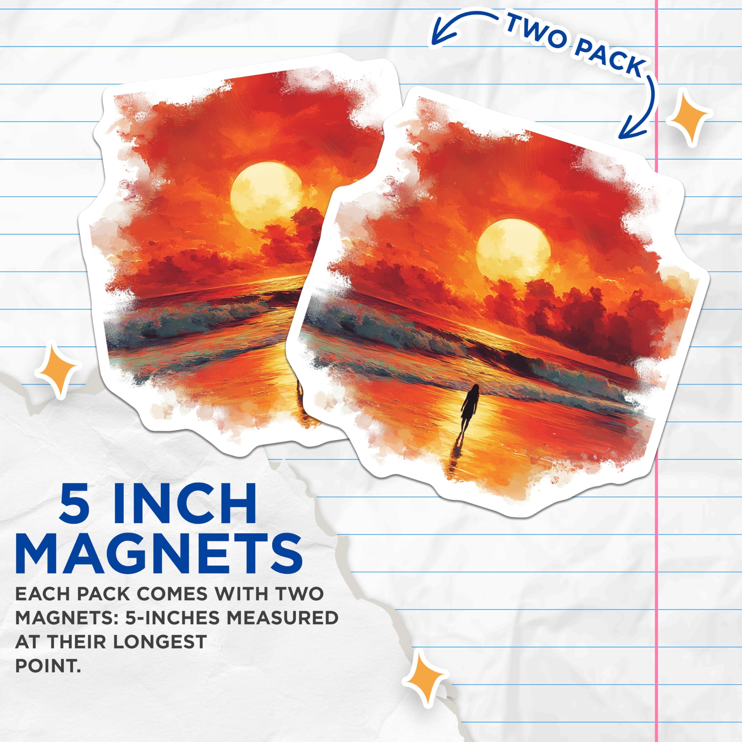 (2 Pack) Sunset Beach Magnets - Ocean Horizon Scene - Coastal Aesthetic Decor - 5 Inches On Longest Side - Thick Durable Magnet - Made in USA - MAG27661