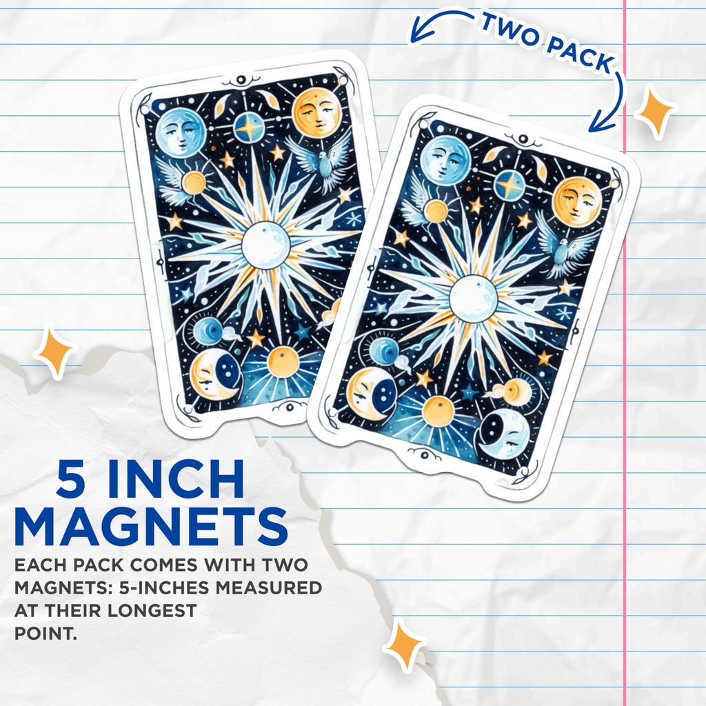(2 Pack) Celestial Magnets - Moon and Sun Decor - Starry Night Refrigerator Magnets - 5" On Longest Side - Premium Magnet - for Cars, Refrigerators, Toolboxes, Lockers - Made in USA - MAG14666