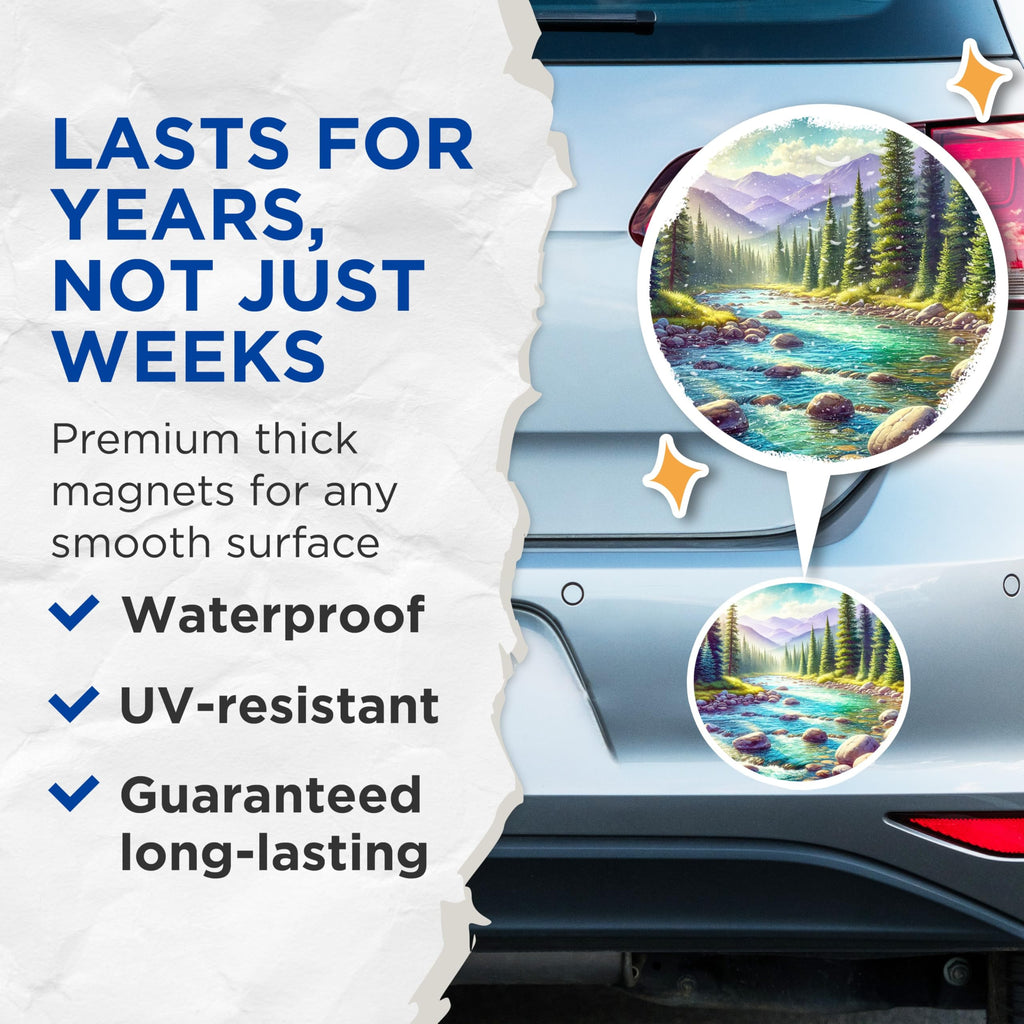 (2 Pack) River Magnets - Mountain Scene - Nature Lover Present - 5" On Longest Side - Premium Magnet - for Cars, Refrigerators, Toolboxes, Lockers - Made in USA - MAG18711