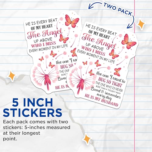 (2 Pack) Memorial Husband Stickers - Angel Husband - Remembering Husband - 5" On Longest Side - Sticks to Smooth Flat Surfaces - Made in USA - BMCS6116