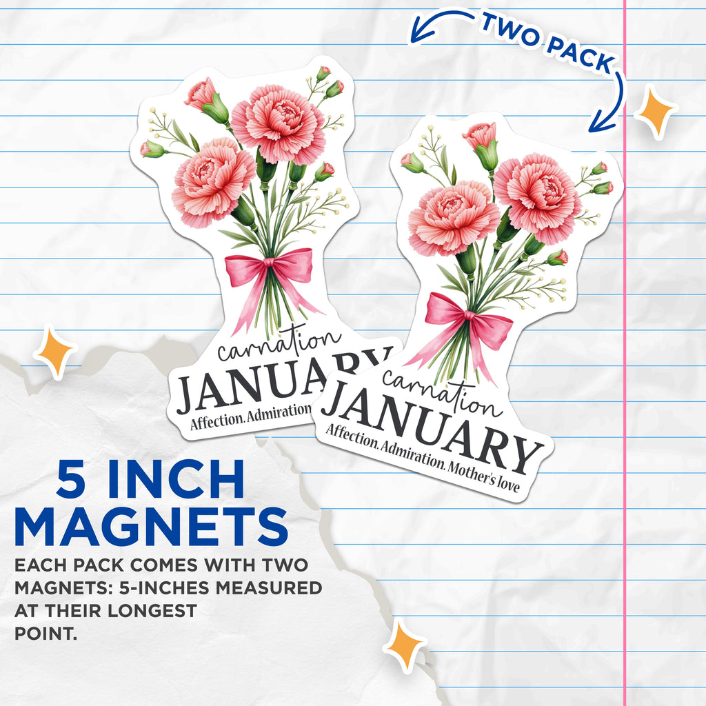 (2 Pack) January Carnation Magnets - Birth Month Flower Decor - Mother's Love Sentiment - 5 Inches On Longest Side - Thick Durable Magnet - Made in USA - MAG38270