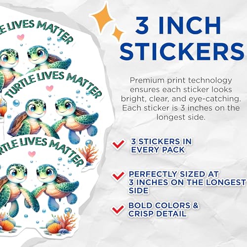 (3 Pack) Turtle Lives Matter Decals - Cute Turtle Laptop Decal - Sea Turtle Decals - 3 Inches On Longest Side - Easy Peel & Apply - Made in USA - 3MCS6724
