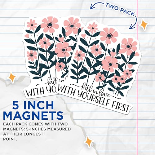 (2 Pack) Fall in Love with Yourself First Magnets - Motivational Floral Magnets - Inspirational Positive Quote - 5" On Longest Side - for Cars, Fridges, Toolboxes - Made in USA - MAG3863