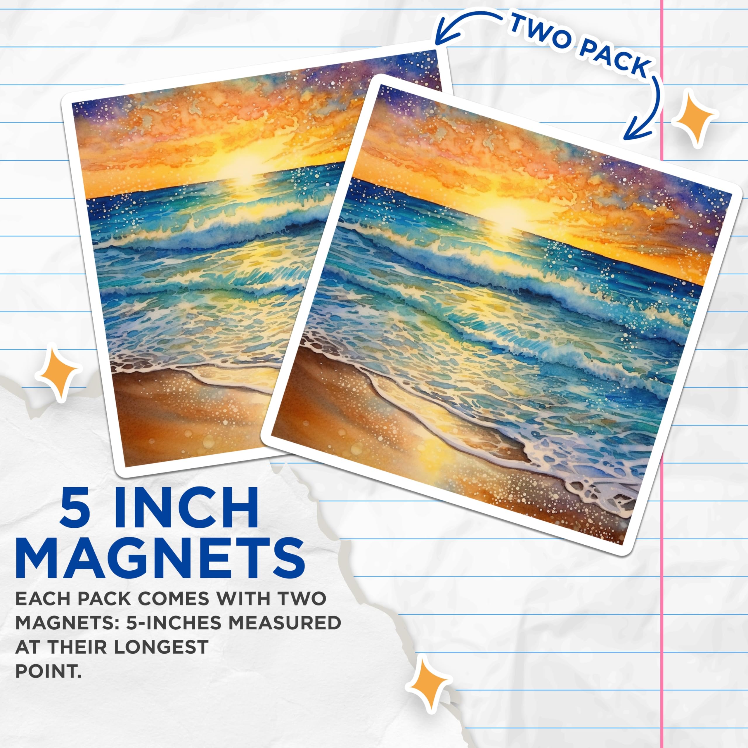 (2 Pack) Watercolor Beach Sunset Magnets - Ocean Wave Fridge Decor - Coastal Aesthetic Home Accents - 5 Inches On Longest Side - Thick Durable Magnet - Made in USA - MAG28456