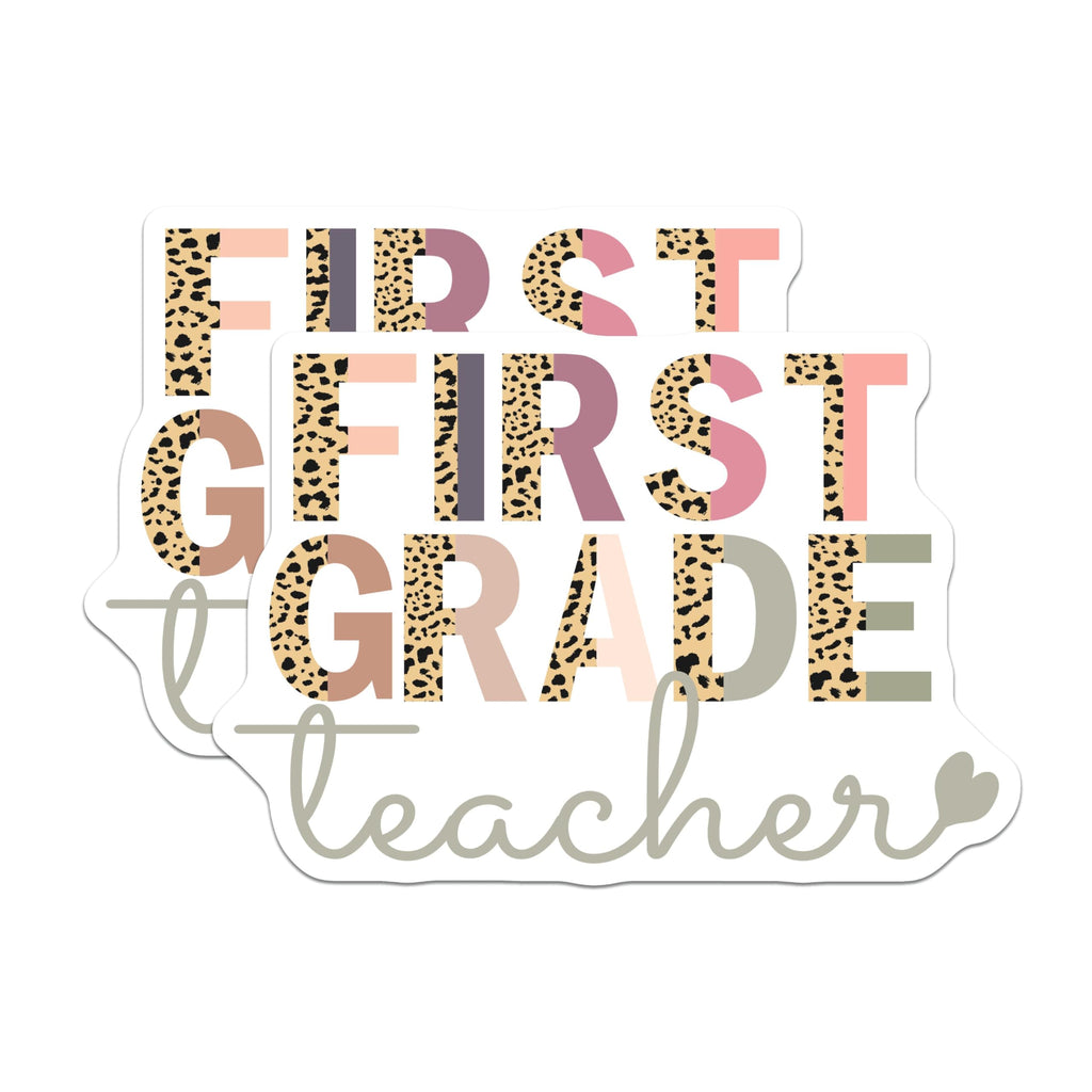 (2 Pack) First Grade Teacher Stickers - Leopard Print Teacher Decal - Classroom Decor - 5" On Longest Side - Sticks to Smooth Flat Surfaces - Made in USA - BMCS8802