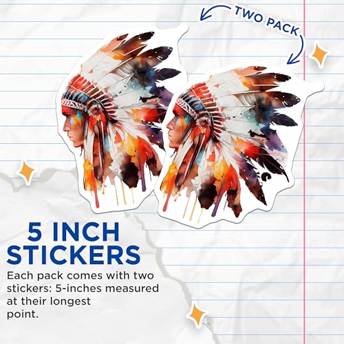 (2 Pack) Native American Headdress Stickers - Watercolor Art - Bohemian Decor - 5" On Longest Side - Sticks to Smooth Flat Surfaces - Made in USA - BMCS9016