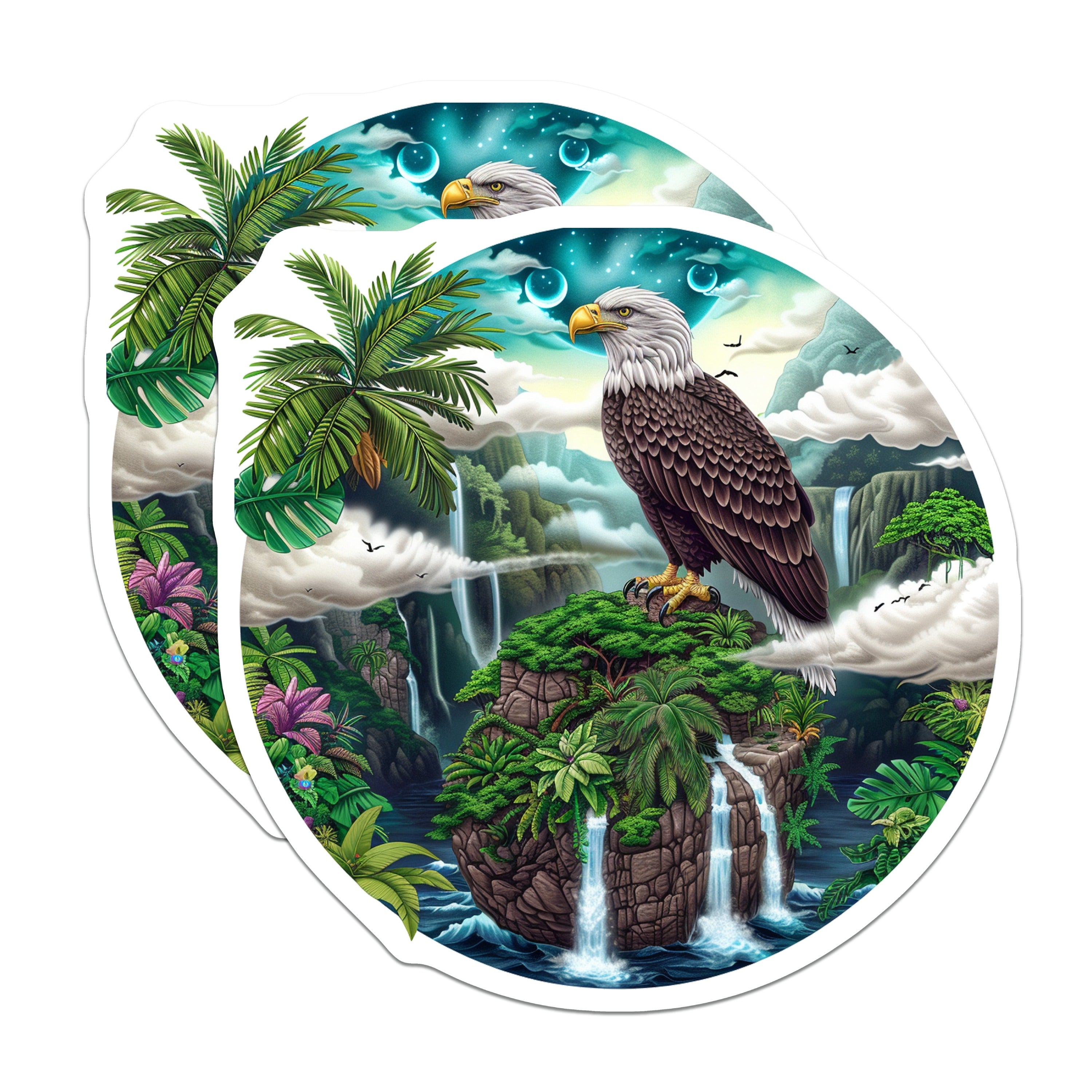 (2 Pack) Bald Eagle Magnets - Tropical Jungle Waterfall Art - Wildlife Fridge Locker Decor - 5 Inches On Longest Side - Thick Durable Magnet - Made in USA - MAG36095