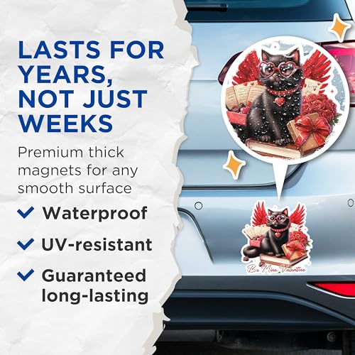 (2 Pack) Be Mine Valentine Cat Magnets - Romantic Black Cat Magnets - Valentine's Day Cat Decor- 5" On Longest Side - for Fridges, Toolboxes, Cars - Made in USA - MAG2581