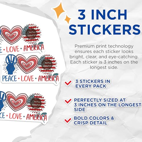 (3 Pack) Peace Love America Decals - Patriotic Stickers - Laptop Decals - 3 Inches On Longest Side - Easy Peel & Apply - Made in USA - 3MCS4018