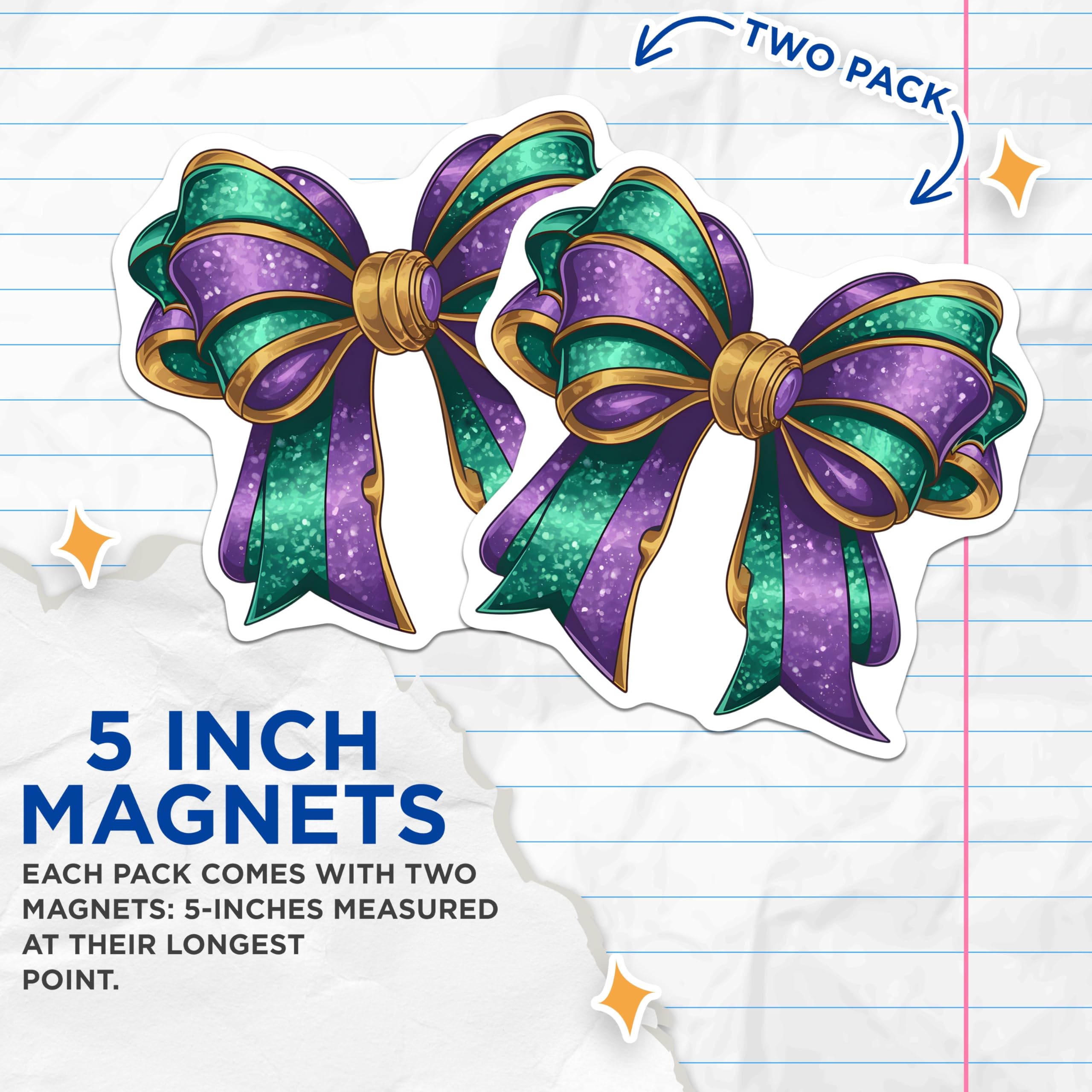 (2 Pack) Mardi Gras Bow Magnets - Purple Green Decor - Celebration Magnets - 5" On Longest Side - Premium Magnet - for Cars, Refrigerators, Toolboxes, Lockers - Made in USA - MAG16215