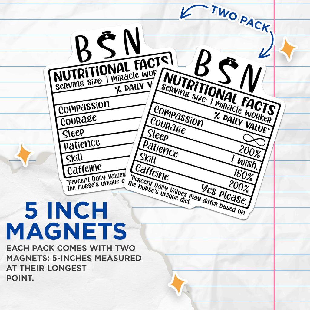 (2 Pack) Nurse Nutritional Facts Magnets - BSN Magnet - Miracle Worker Magnets - 5" On Longest Side - Premium Magnet - for Cars, Refrigerators, Toolboxes, Lockers - Made in USA - MAG14163