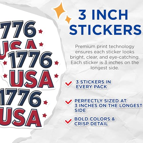 (3 Pack) 1776 USA Decals - Patriotic Decals - American Pride - 3 Inches On Longest Side - Easy Peel & Apply - Made in USA - 3MCS2660
