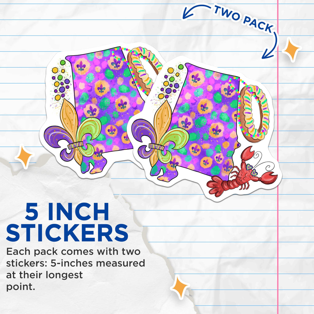 (2 Pack) Alabama Mardi Gras Stickers - Fleur de Lis Stickers - Louisiana Crawfish Stickers - 5" On Longest Side - Sticks to Smooth Flat Surfaces - Made in USA - BMCS3795