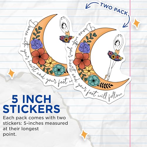 (2 Pack) Dance Ballerina Stickers - Moon Floral Stickers - Inspirational Dance Quote Stickers - 5" On Longest Side - Sticks to Smooth Flat Surfaces - Made in USA - BMCS4199