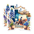 (2 Pack) Texas Stickers - Cowboy Riding Horse - Bluebonnet Flowers - Texas State Map - The Alamo - Western Theme - 5" On Longest Side - Sticks to Smooth Flat Surfaces - Made in USA - BMCS6991