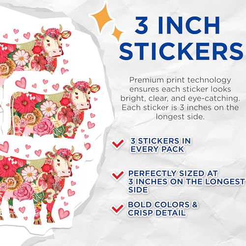 (3 Pack) Floral Cow Decals - Farm Animal Stickers - Cute Laptop Decals - 3 Inches On Longest Side - Easy Peel & Apply - Made in USA - 3MCS4467