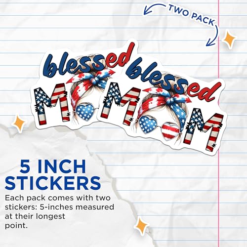 (2 Pack) Blessed Mom Stickers - Patriotic - American Flag Design - 5" On Longest Side - Sticks to Smooth Flat Surfaces - Made in USA - BMCS7455