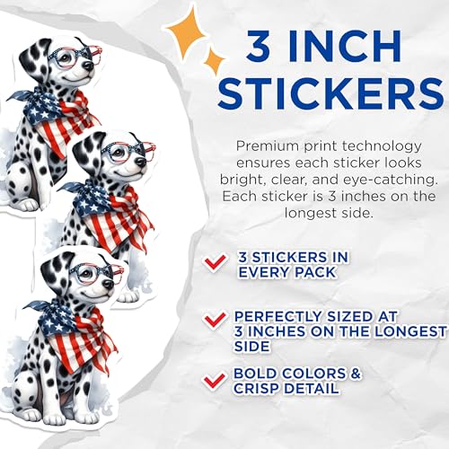 (3 Pack) Dalmatian Decals - Patriotic Dog Decal - American Flag Decal- 3 Inches On Longest Side - Easy Peel & Apply - Made in USA - 3MCS5204
