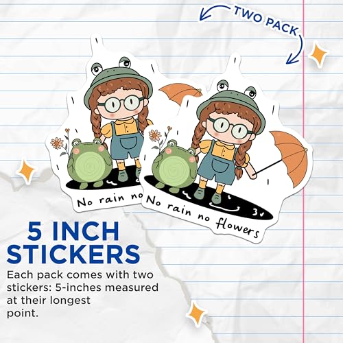 (2 Pack) Cute Frog Girl Stickers - No Rain No Flowers Quote - Adorable Character - Fun and Whimsical Design - 5" On Longest Side - Sticks to Smooth Flat Surfaces - Made in USA - BMCS6484