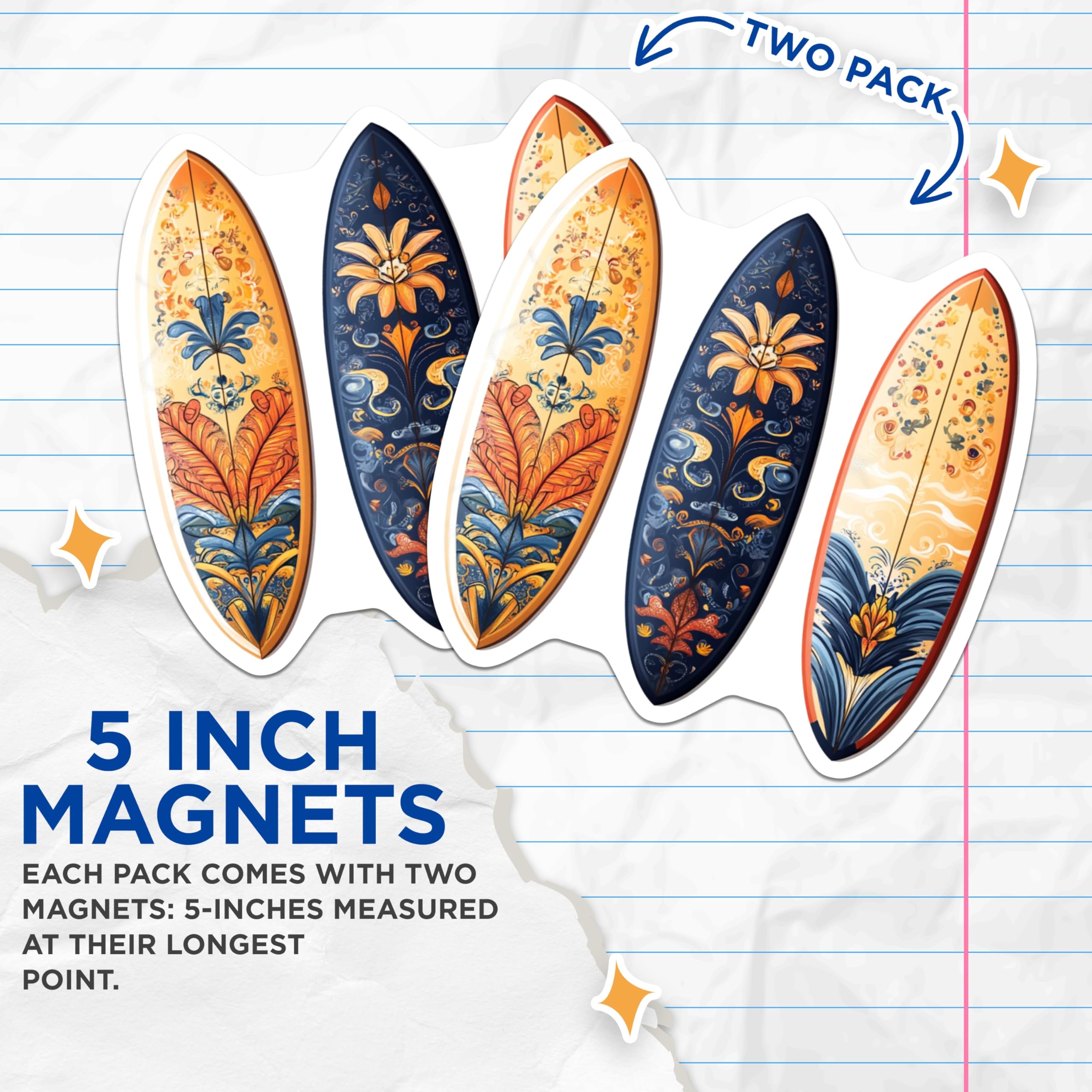 (2 Pack) Ornate Surfboard Magnets - Bohemian Floral Pattern - Abstract Coastal Decor - Beach House Art - 5 Inches On Longest Side - Thick Durable Magnet - Made in USA - MAG23967
