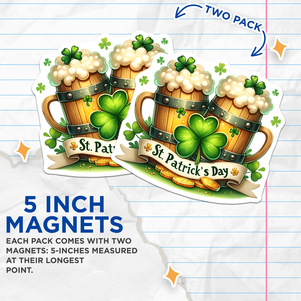 (2 Pack) St Patricks Day Magnets - Festive Irish Decor - Lucky Shamrock Beer Steins - 5 Inches On Longest Side - Thick Durable Magnet - Made in USA - MAG37838