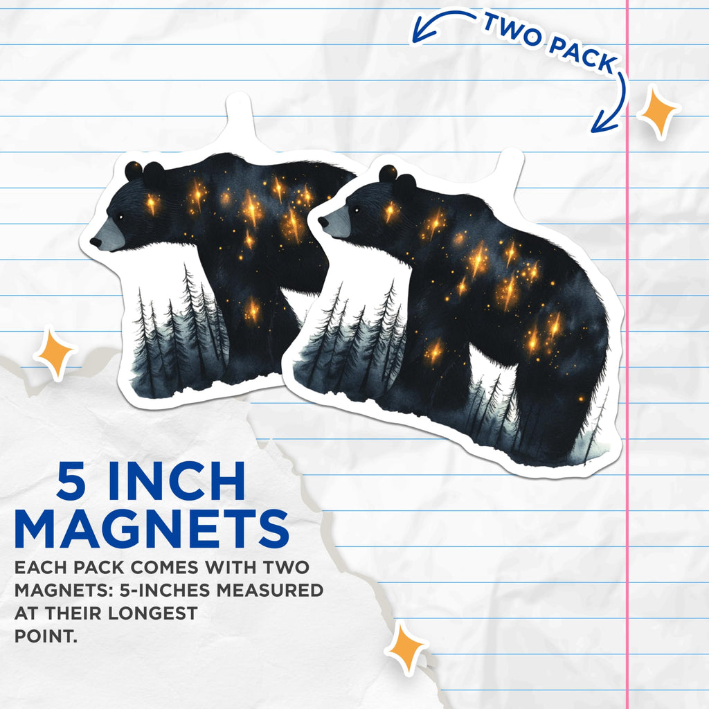 (2 Pack) Bear Magnets - Night Sky Wilderness - Animal Lover Refrigerator Decor - 5" On Longest Side - Premium Magnet - for Cars, Refrigerators, Toolboxes, Lockers - Made in USA - MAG14231