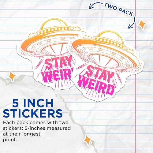 (2 Pack) Stay Weird UFO Stickers - Alien Spaceship - Fun Space Decal - 5" On Longest Side - Sticks to Smooth Flat Surfaces - Made in USA - BMCS7767