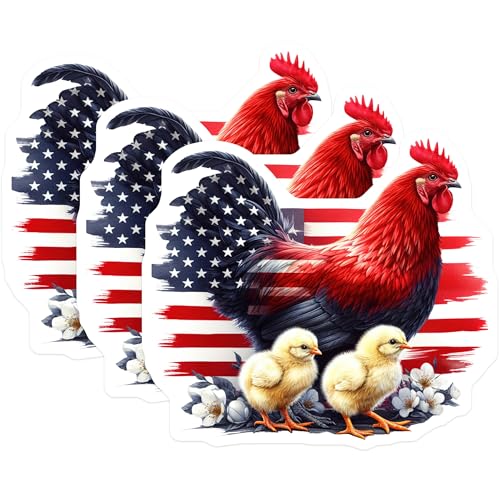 (3 Pack) American Rooster Decals - USA Flag Chicken Stickers - Patriotic Animal Decals- 3 Inches On Longest Side - Easy Peel & Apply - Made in USA - 3MCS5192