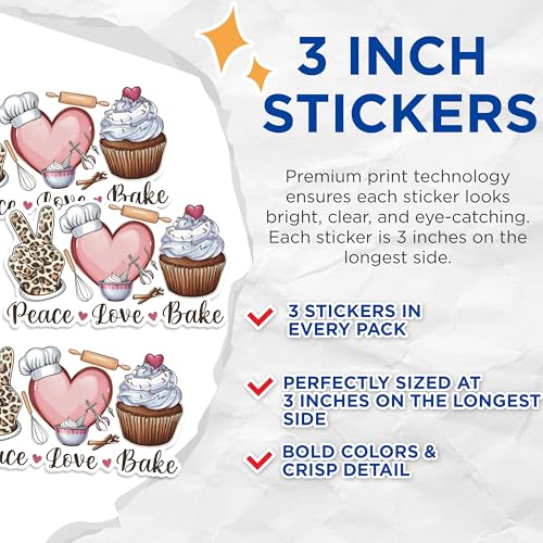 (3 Pack) Peace Love Bake Decals - Leopard Print - Cupcake Baker Gift - 3 Inches On Longest Side - Easy Peel & Apply - Made in USA - 3MCS1810