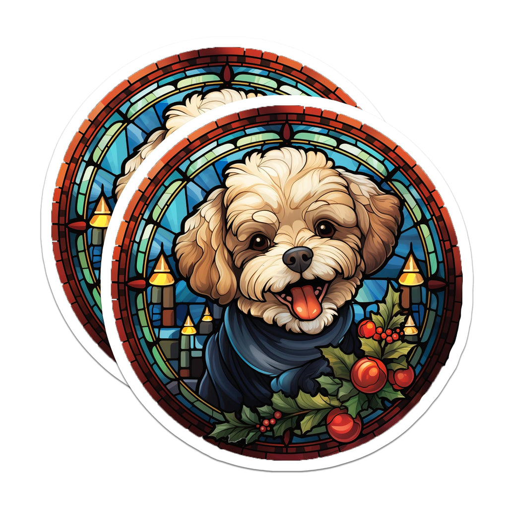 (2 Pack) Fluffy Christmas Dog Magnets - Stained Glass Puppy Art - Holiday Refrigerator Decor - 5 Inches On Longest Side - Thick Durable Magnet - Made in USA - MAG28508