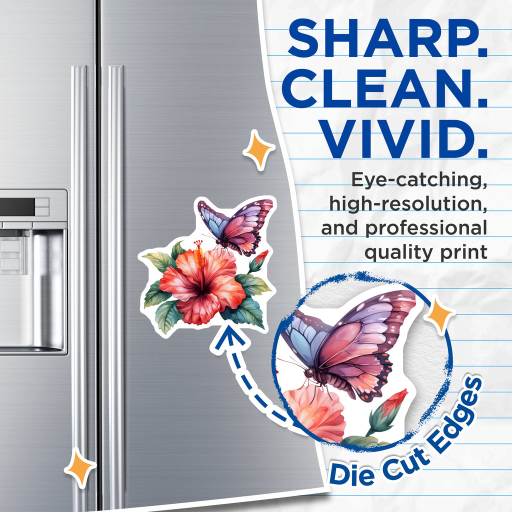 (2 Pack) Butterfly Hibiscus Magnets - Tropical Flower Refrigerator Decor - Nature Art Botanical Kitchen Accent - 5 Inches On Longest Side - Thick Durable Magnet - Made in USA - MAG39223