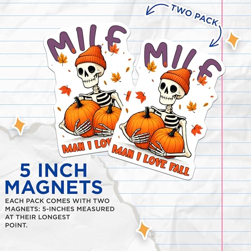 (2 Pack) Milf Fall Decor Magnet - Skeleton Pumpkin Decor - 5" On Longest Side - Sticks to Smooth Flat Surfaces - Made in USA - MAG9765