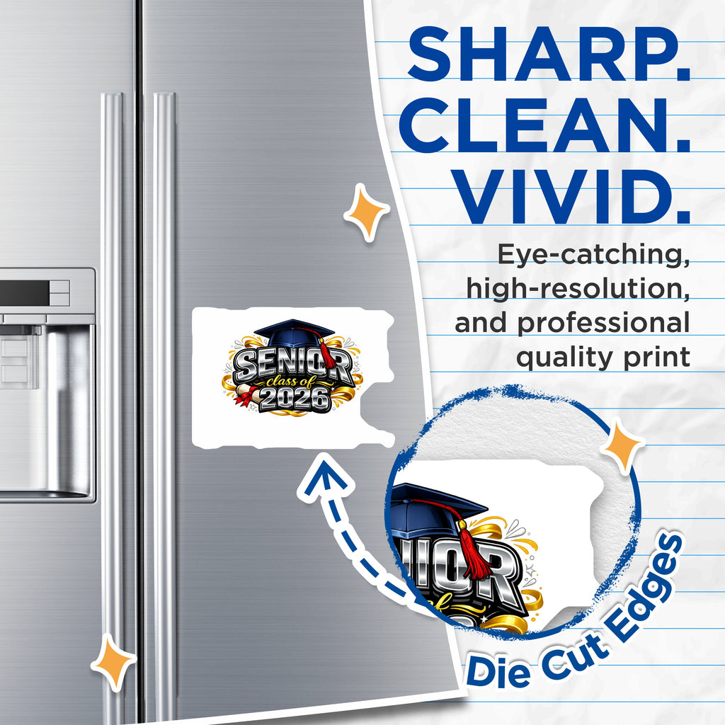 (2 Pack) Senior Class of 2026 Magnets - Graduation Year Keepsake - College Bound Student Decor - 5 Inches On Longest Side - Thick Durable Magnet - Made in USA - MAG39016